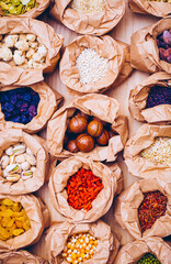 spice background, top view. Seasoning in cups. Food. Background. Spices. Herbal. Fruits. Nuts. 