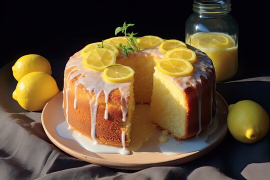 lemon cake on a plate with lemon slices on it