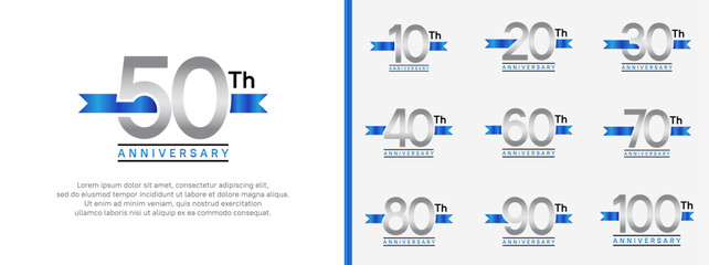set of anniversary logo silver color number and blue ribbon on white background for celebration