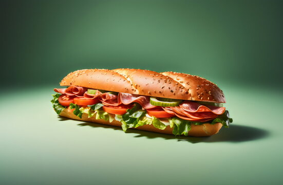 footlong sub sandwich isolated on plain green studio background, made with generative ai