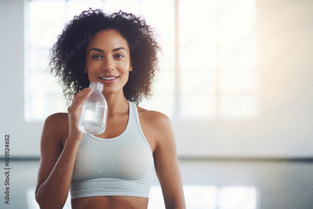 Wall mural Fit woman drinking water from the bottle in the gym

