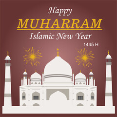 Happy New Hijri Year, Islamic New Year 1445 Hijriyah (1 muharram)  card design decorative happy muharram background and Islamic new year greeting card template with Mosque
