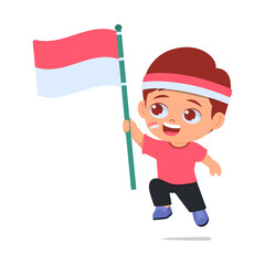 Cute boy holding Indonesian flag, Happy pose