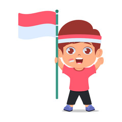 Cute boy holding Indonesian flag, Happy pose