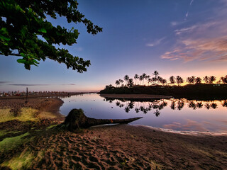 Fototapeta premium Beautiful Imbassai beach with palm trees at sunset time, state of Bahia, Brazil.