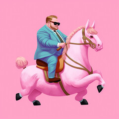 fat man is riding a pink pony, generative ai