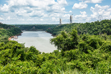 Landmark of the three borders, hito tres fronteras, Paraguay, Brazil and Argentina at Puerto...
