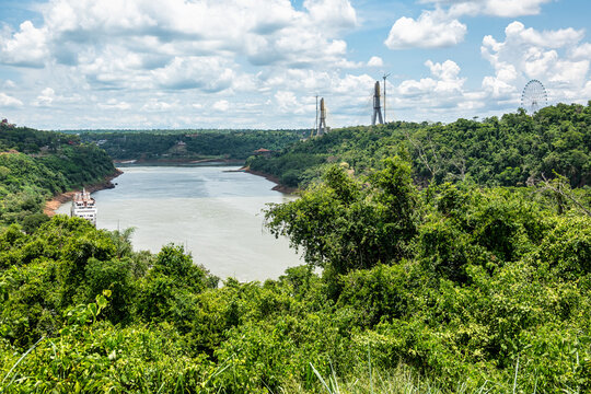 Landmark of the three borders, hito tres fronteras, Paraguay, Brazil and Argentina at Puerto Iguazu, Argentina