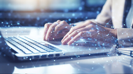 Business woman writing on laptop with abstract network lines and sparks floating, generative ai
