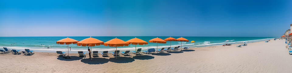 Fototapeta premium Generative AI, beach umbrellas on the shore of the blue sea, sandy shore, sun, summer, vacation in a tropical country by the ocean, sunbeds, comfortable stay, south, hotel, travel, banner, parasol