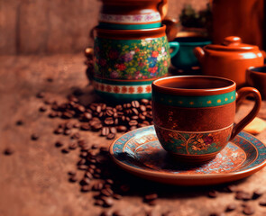 ceramic coffee cup with hot coffee , over mexican atmosphere, bohemian mood, photo style selective focus.