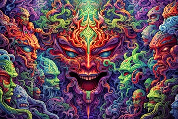 Naklejka premium Psychedelic DMT entities, Trippy hallucinogen drug experience, Psychedelics to treat depression, anxiety disorders