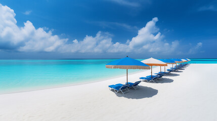 Generative AI, beach umbrellas on the shore of the blue sea, sandy shore, sun, summer, vacation in a tropical country by the ocean, sunbeds, comfortable stay, south, hotel, travel, banner, parasol