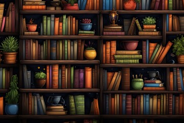 artoon Cute Doodles Bookshelf Filled With Books Seamless Pattern, Generative AI