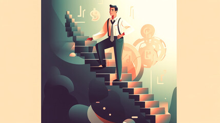 Rear view of a businessman ascending a staircase, generative AI.