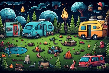 Cartoon Cute Doodles Camping Day Seamless Pattern, Generative AI