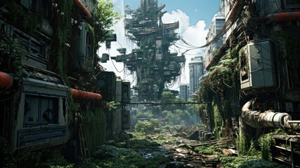 Depict the remnants of a once - thriving city now in decay, with dilapidated buildings, overgrown vegetation, and cybernetic scavengers searching for valuable tech