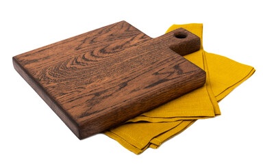 Cutting board isolated on white background. Kitchen wooden cutting board and kitchen towel. Kitchenware. Menu. Recipe. The concept of cooking.