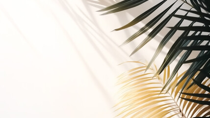 Fototapeta premium Selective focus of palm leaf with shadow and nature lightning on wall background.Tropical and summer pattern.generative ai images