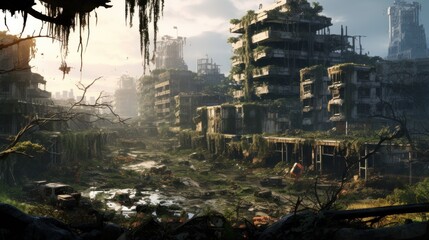 Obraz premium Depict the remnants of a once - thriving city now in decay, with dilapidated buildings, overgrown vegetation, and cybernetic scavengers searching for valuable tech