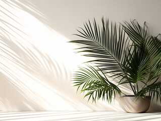 Fototapeta na wymiar Selective focus of palm leaf with shadow and nature lightning on wall background.Tropical and summer pattern.generative ai images