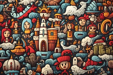 Obraz premium Cartoon Cute Doodles Columbus Day Seamless Pattern, Generative AI