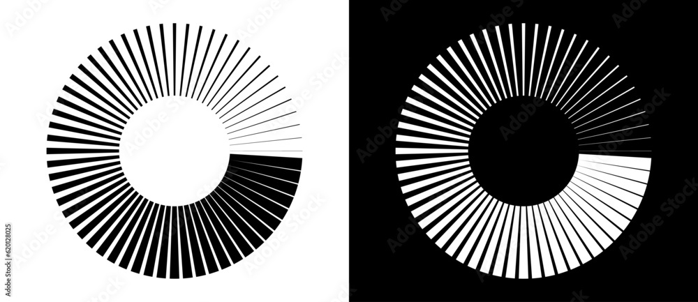 Fototapete Radial lines of different thickness, as a logo or abstract background. A rotating circle like a loading sign. Black circle on a white background and the same white circle on the black side.