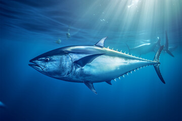 Fototapeta premium Tuna in deep blue ocean. Underwater world. 3D Rendering