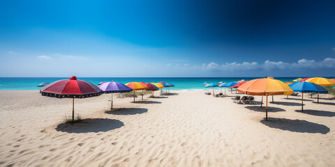 Fototapeta na wymiar Generative AI, beach umbrellas on the shore of the blue sea, sandy shore, sun, summer, vacation in a tropical country by the ocean, sunbeds, comfortable stay, south, hotel, travel, banner, parasol