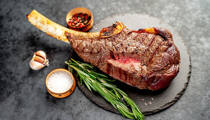 Baked beef on the bone with spices on a stone background