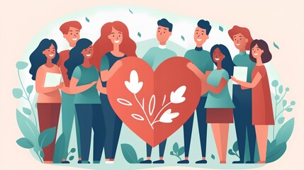 Heartwarming illustration depicting a diverse group of people holding a heart. The spirit of unity, care, and altruism, resonating with the essence of charity. Generative AI