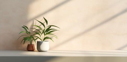 Selective focus of tree with pot and shadow on wall space background.Tropical and summer pattern.generative ai images