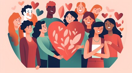 Heartwarming illustration depicting a diverse group of people holding a heart. The spirit of unity, care, and altruism, resonating with the essence of charity. Generative AI - obrazy, fototapety, plakaty
