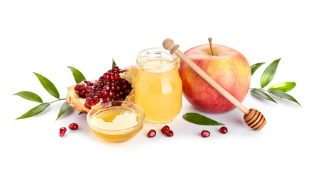 Composition with sweet honey, apple, pomegranate and plant leaves on white background. Rosh hashanah (Jewish New Year) celebration