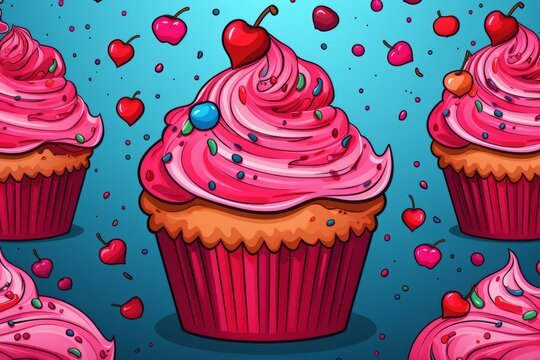 Cartoon Cute Doodles Cupcake With Sprinkles Seamless Pattern, Generative AI