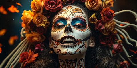 Fototapeta premium Cultural Fusion: Dia de los Muertos and Halloween Celebration with Woman in Skull Makeup