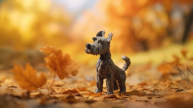Claymation dog on autumn forest. 