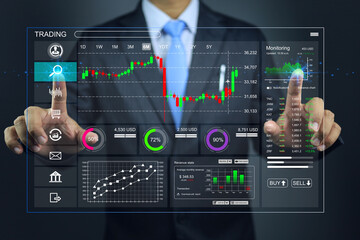 The businessman monitors the stock market situation through virtual screen profit and loss of each...