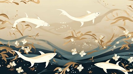 Swirling Sharks and Waves swimming in the water with a cherry flower