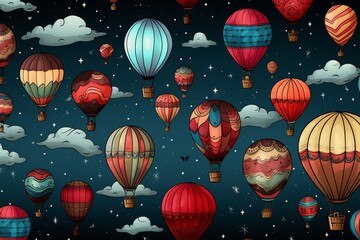 Cartoon Cute Doodles Floating Hot Air Balloon Seamless Pattern, Generative AI