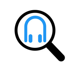 search icon of magnifying glass icon with headphone icon, audio search icon 