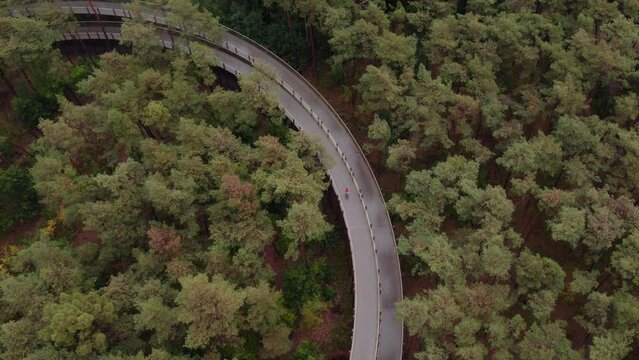 Woman with red jacket riding on a bike at Fietsen door de bomen at Belgium, aerial