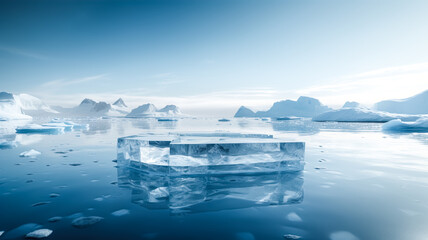 Selective focus.podium platform of ice or iceberg mountain landscap.product display table.stand abstract background.generative ai images