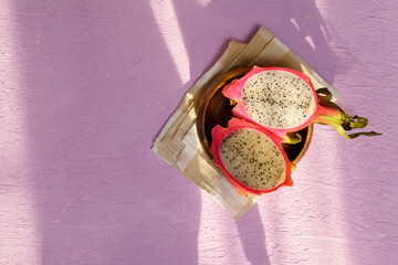 Pitahaya, dragon fruit tropical in the asian thailand healthy fruit concept. Flat lay. Copy space
