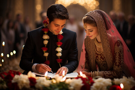the rituals and traditions of Muslim weddings, such as the signing of the marriage contract, the exchange of rings, and the celebratory feast. Generative AI