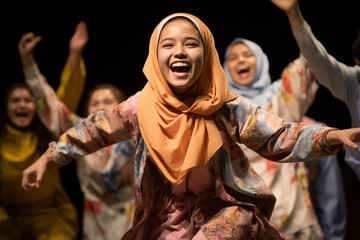 Fototapeta premium diverse Muslim youth around the world, depicting them engaged in cultural events, highlighting their aspirations, talents, and contributions. Generative AI