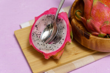 Delicious pitahaya fresh fruits. Tropical fruit also known as Hylocereus cactus, and strawberry pear
