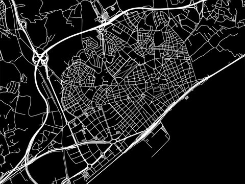 Vector road map of the city of  Mataro in Spain on a black background.