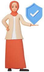 3d muslim woman in hijab holding shield with check mark. Muslim girl in scarf with shield 3d illustration