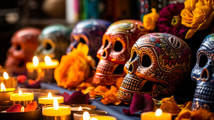 Symbolic Mexican Tradition: Colorful Skull on Decorative Day of the Dead "Ofrenda